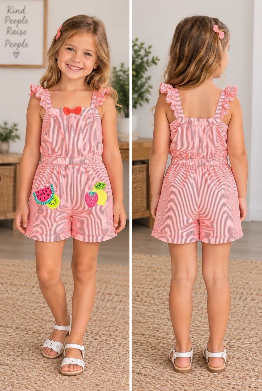 Gymboree Girls Pink/White Striped Seersucker Fruit Romper 5T Sleeveless